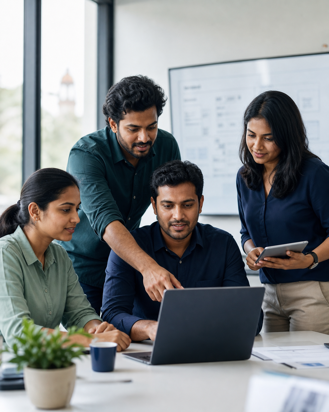 Juan Infotech software team collaborating around a laptop