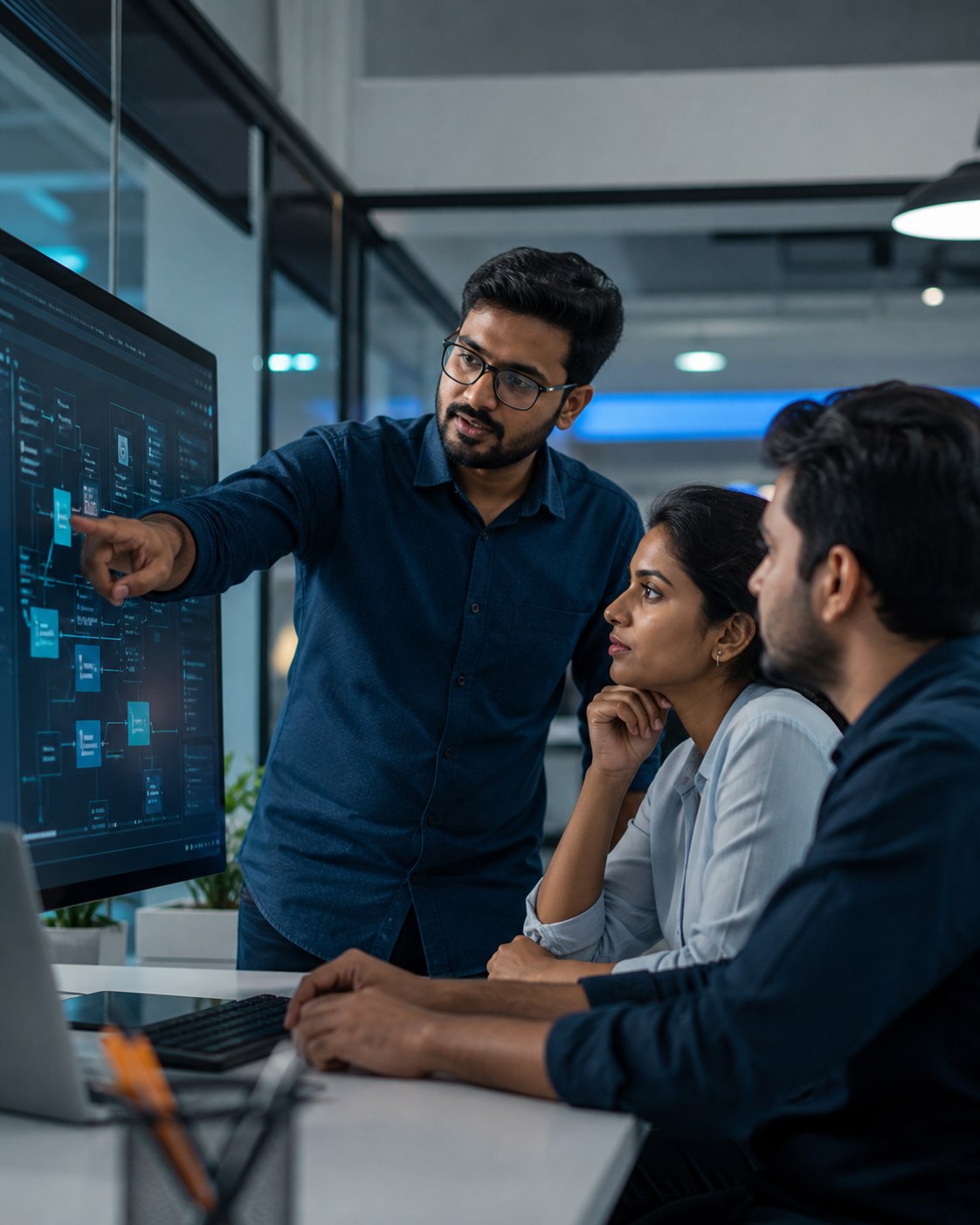 Software engineering team reviewing an AI-enabled product architecture