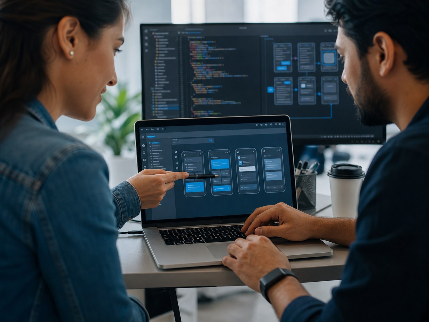 Product engineers collaborating on application interface development